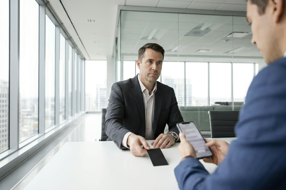 Un consultant fait glisser sa carte sur la table vers un interlocuteur.