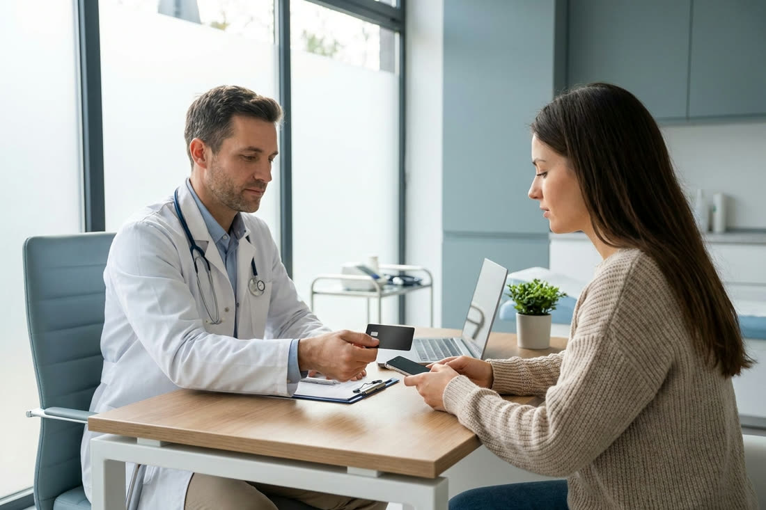 Un médecin tend sa carte à un patient qui approche son téléphone.