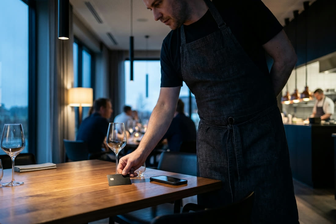 Un restaurateur pose sa carte sur la table à côté du téléphone d'un client.