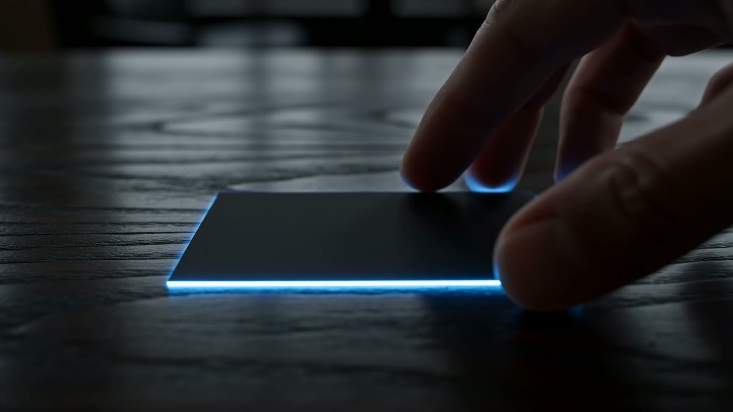 Une carte SLING PRO noire au liseré bleu, glissée sur une table vers un client