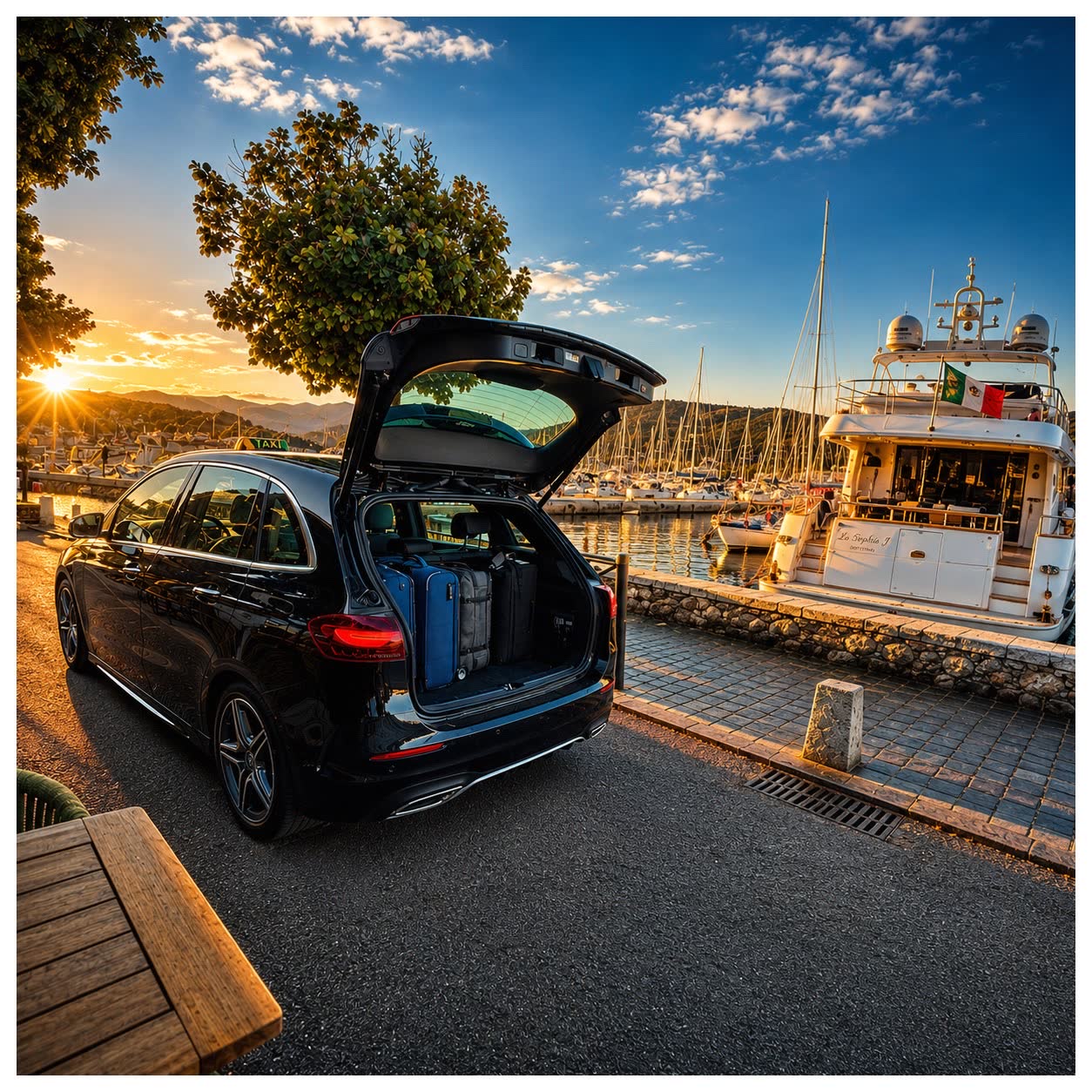 Coffre du taxi Bonavita chargé de valises, sur le port de Saint-Florent au coucher du soleil